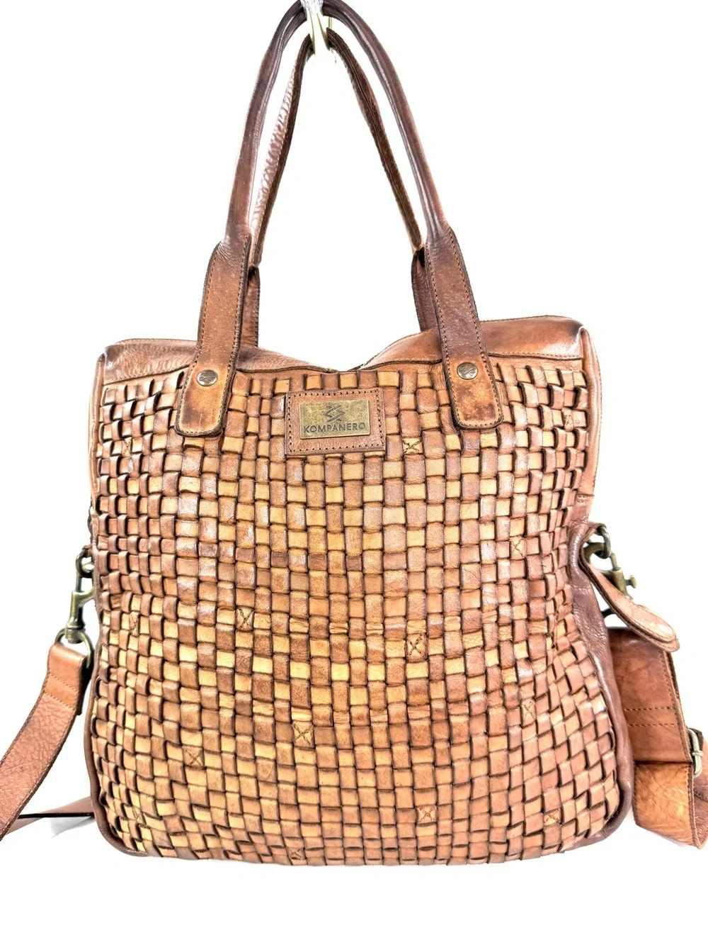 Kompanero Unisex Brown Woven Leather Laptop Bag Bronze Logo Hardware